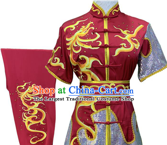 China Martial Arts Embroidered Wine Red Uniforms Wushu Competition Garment Costume Female Kung Fu Clothing