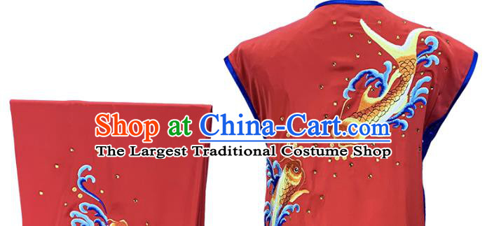 Top Chinese Kung Fu Wushu Performance Clothing Southern Boxing Competition Garment Costumes Martial Arts Embroidered Fish Red Outfits
