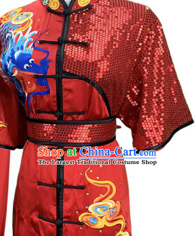 Top Chinese Martial Arts Embroidered Dragon Red Outfits Kung Fu Wushu Performance Clothing Southern Boxing Competition Garment Costumes