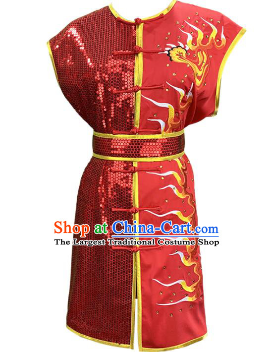 Top Chinese Southern Boxing Performance Red Sleeveless Outfits Kung Fu Competition Garment Costumes Martial Arts Wushu Clothing