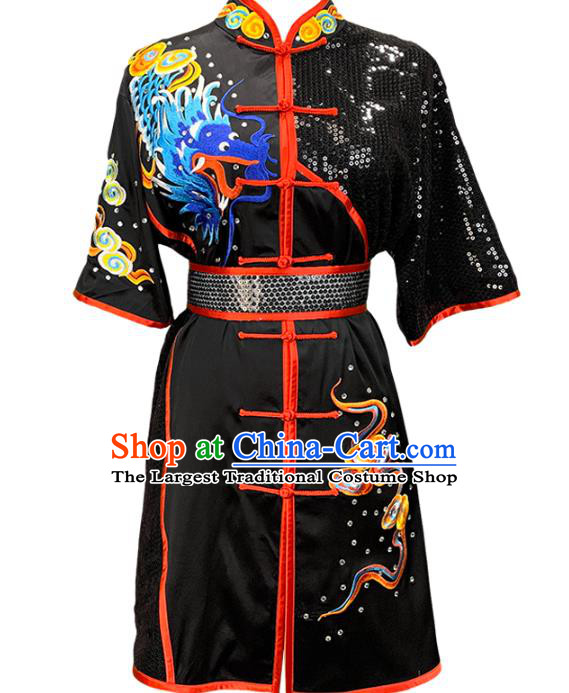 Top Chinese Martial Arts Wushu Performance Clothing Southern Boxing Embroidered Dragon Outfits Kung Fu Competition Black Garment Costumes