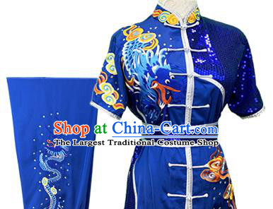 Top Chinese Kung Fu Competition Royalblue Garment Costumes Martial Arts Wushu Performance Clothing Southern Boxing Embroidered Dragon Outfits