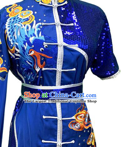 Top Chinese Kung Fu Competition Royalblue Garment Costumes Martial Arts Wushu Performance Clothing Southern Boxing Embroidered Dragon Outfits