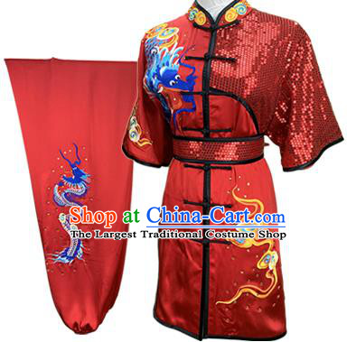 Top Chinese Southern Boxing Embroidered Dragon Outfits Kung Fu Competition Red Garment Costumes Martial Arts Wushu Performance Clothing