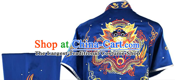 Top Chinese Wushu Performance Clothing Southern Boxing Embroidered Dragon Outfits Martial Arts Kung Fu Competition Blue Garment Costumes