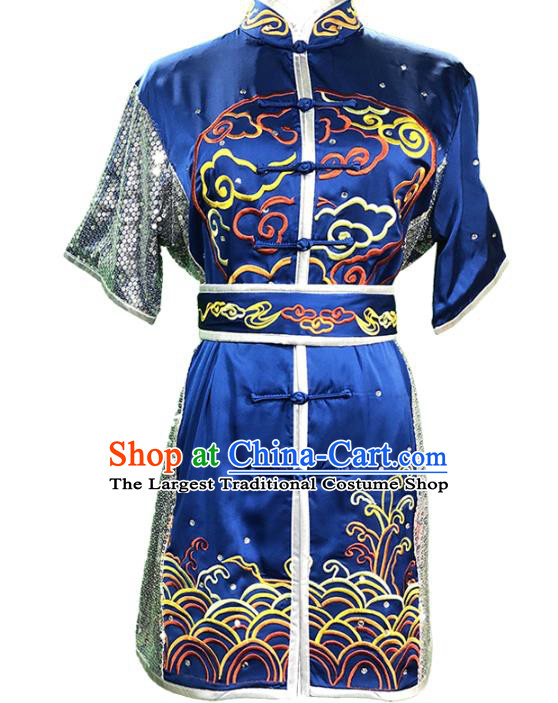 Top Chinese Wushu Performance Clothing Southern Boxing Embroidered Dragon Outfits Martial Arts Kung Fu Competition Blue Garment Costumes