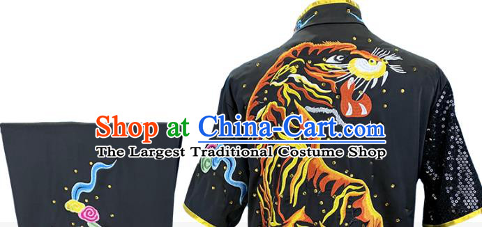 Top Chinese Martial Arts Kung Fu Competition Black Garment Costumes Wushu Performance Clothing Southern Boxing Embroidered Tiger Outfits