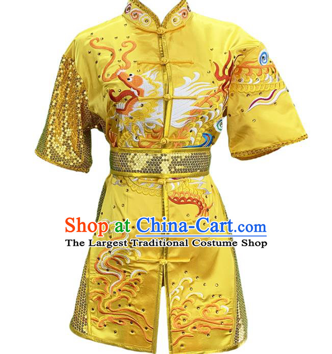 Top Chinese Southern Boxing Embroidered Dragon Yellow Outfits Martial Arts Kung Fu Competition Garment Costumes Wushu Performance Clothing