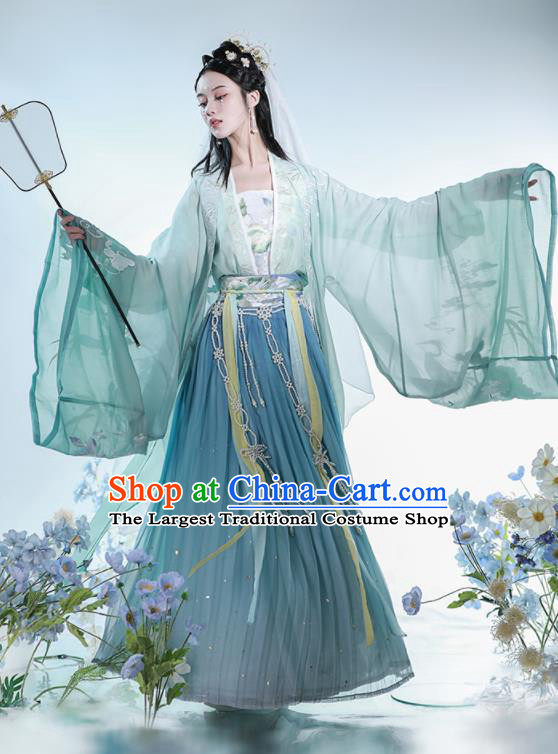 China Tang Dynasty Palace Princess Historical Clothing Ancient Court Lady Embroidered Green Dress Traditional Hanfu Garments