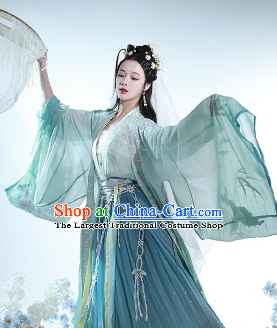 China Tang Dynasty Palace Princess Historical Clothing Ancient Court Lady Embroidered Green Dress Traditional Hanfu Garments