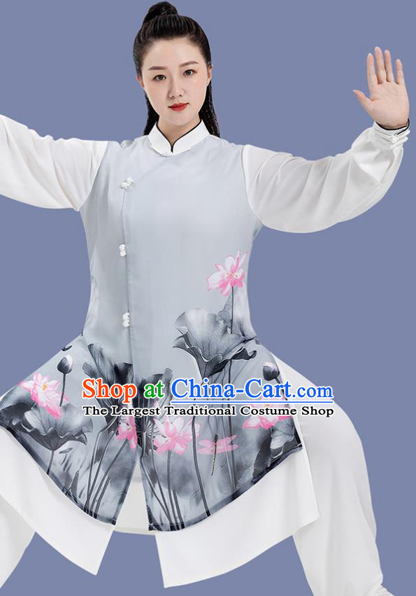 Chinese Tai Chi Competition Clothing Woman Tai Ji Training Garment Costumes Martial Arts Hand Painting Lotus Grey Outfits