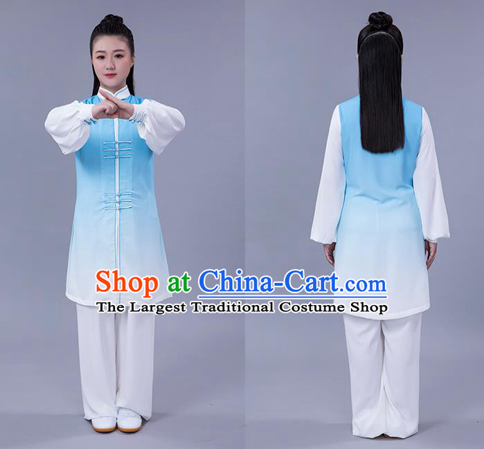 Chinese Woman Tai Ji Training Garments Martial Arts Shadowboxing Competition Blue Outfits Tai Chi Chuan Performance Clothing