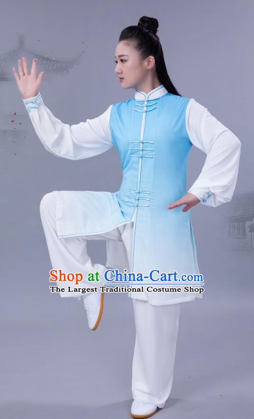 Chinese Woman Tai Ji Training Garments Martial Arts Shadowboxing Competition Blue Outfits Tai Chi Chuan Performance Clothing