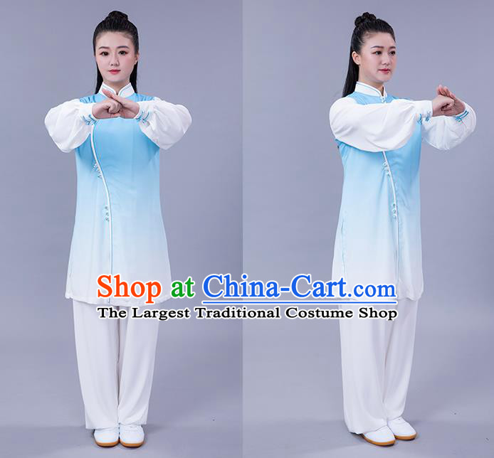 Chinese Shadowboxing Competition Blue Slant Opening Outfits Woman Tai Chi Chuan Performance Clothing Martial Arts Tai Ji Training Garments