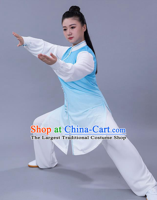 Chinese Shadowboxing Competition Blue Slant Opening Outfits Woman Tai Chi Chuan Performance Clothing Martial Arts Tai Ji Training Garments