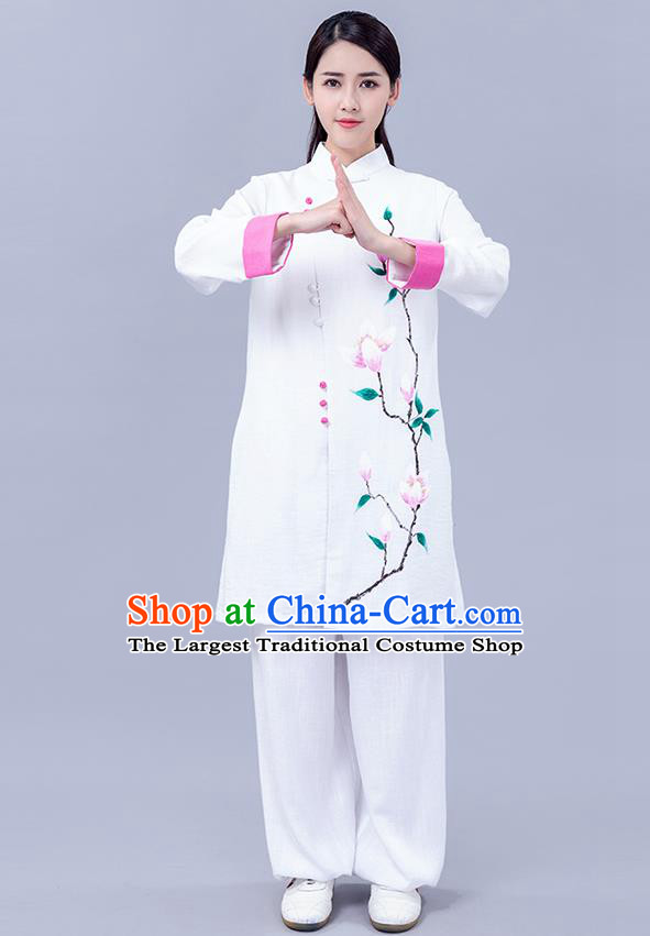 Chinese Martial Arts Tai Ji Training Garments Shadowboxing Competition White Outfits Woman Tai Chi Chuan Painting Mangnolia Clothing