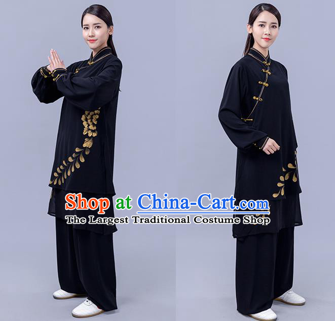 Chinese Woman Tai Chi Chuan Printing Clothing Martial Arts Tai Ji Training Garments Shadowboxing Competition Black Outfits