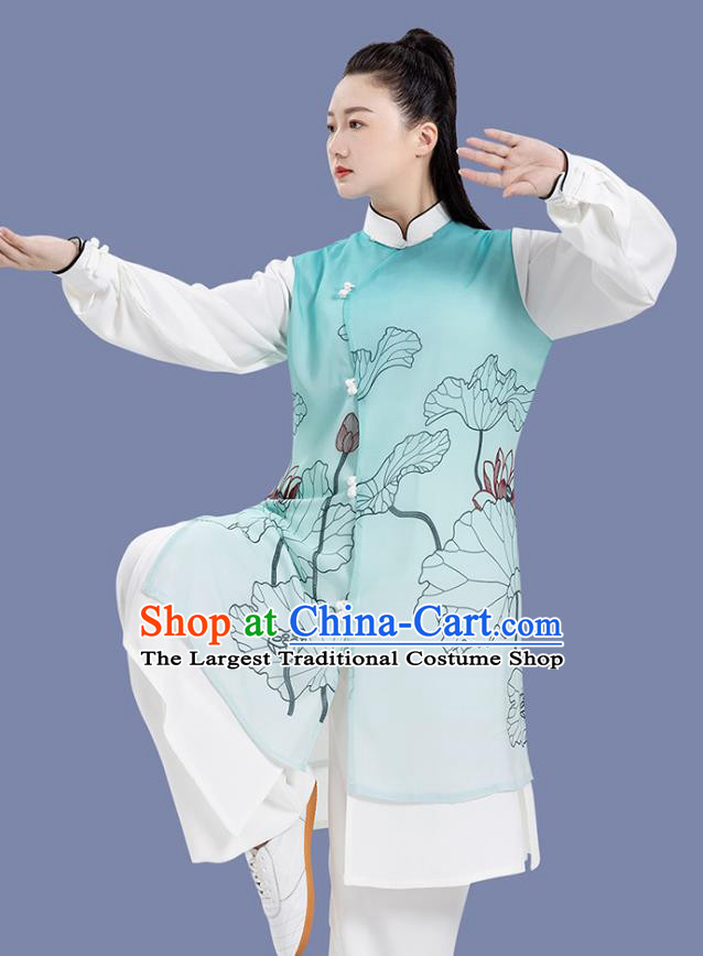 Chinese Martial Arts Hand Painting Lotus Green Outfits Tai Chi Competition Clothing Woman Tai Ji Training Garment Costumes