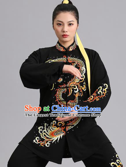 Chinese Tai Ji Competition Black Outfits Kung Fu Tai Chi Training Clothing Martial Arts Embroidered Dragon Garments