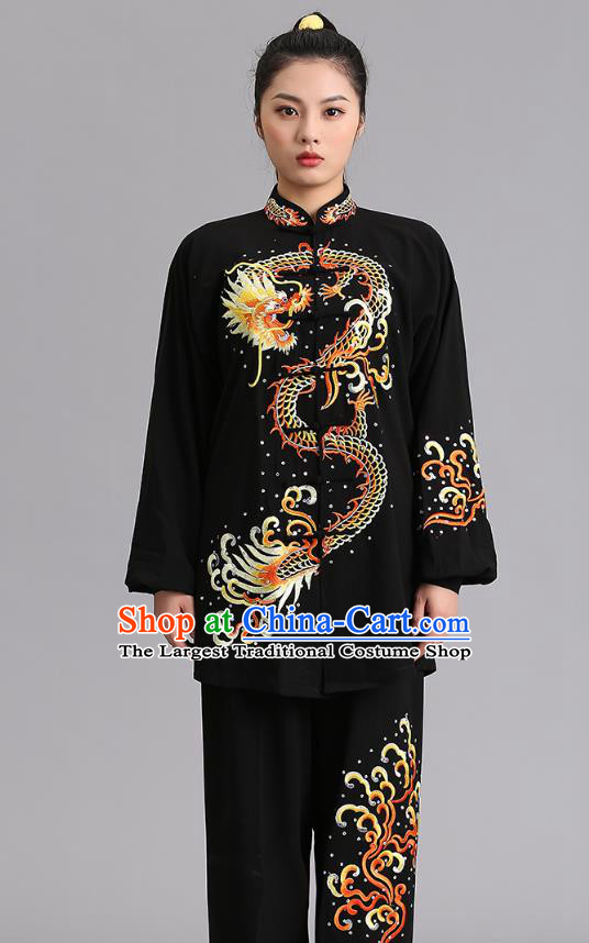 Chinese Tai Ji Competition Black Outfits Kung Fu Tai Chi Training Clothing Martial Arts Embroidered Dragon Garments