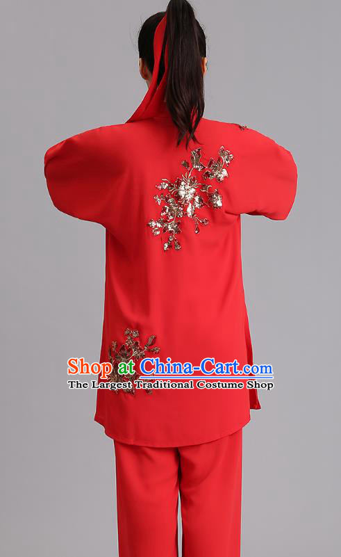 Chinese Martial Arts Embroidered Sequins Red Garments Tai Ji Competition Outfits Kung Fu Tai Chi Training Clothing