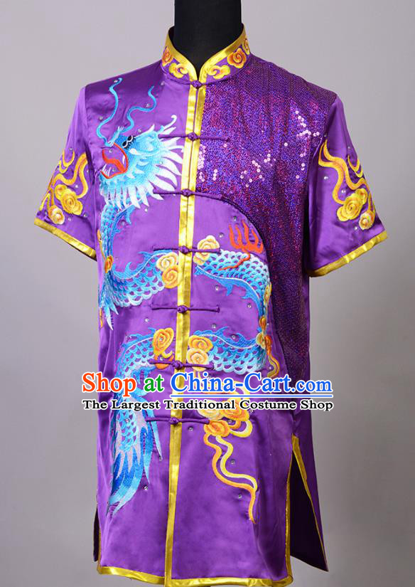 Top China Kung Fu Embroidered Apparels Cudgel Play Performance Garment Costumes Southern Boxing Purple Uniforms Martial Arts Competition Clothing