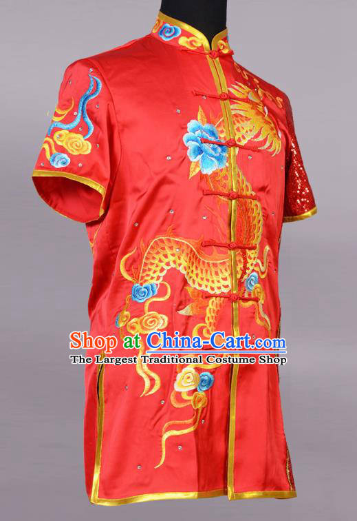 Top China Martial Arts Competition Clothing Kung Fu Embroidered Apparels Cudgel Play Performance Garment Costumes Southern Boxing Red Uniforms