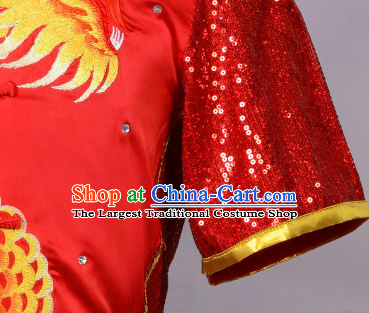 Top China Martial Arts Competition Clothing Kung Fu Embroidered Apparels Cudgel Play Performance Garment Costumes Southern Boxing Red Uniforms
