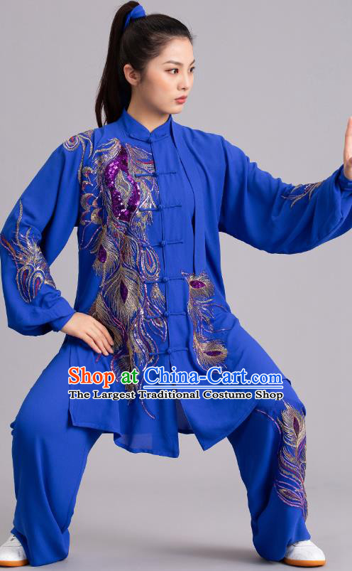 Chinese Kung Fu Tai Chi Performance Clothing Martial Arts Embroidered Sequins Peacock Royalblue Garments Tai Ji Competition Outfits