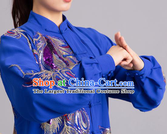 Chinese Kung Fu Tai Chi Performance Clothing Martial Arts Embroidered Sequins Peacock Royalblue Garments Tai Ji Competition Outfits