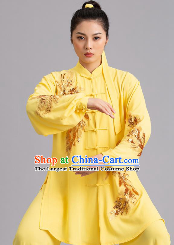 Chinese Tai Ji Competition Yellow Outfits Kung Fu Tai Chi Performance Clothing Martial Arts Embroidered Sequins Garments