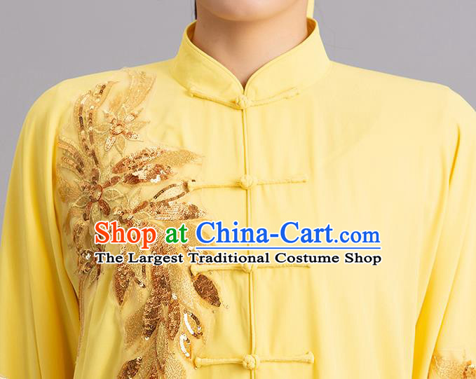 Chinese Tai Ji Competition Yellow Outfits Kung Fu Tai Chi Performance Clothing Martial Arts Embroidered Sequins Garments