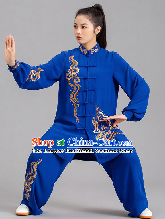 Chinese Martial Arts Embroidered Clouds Garments Tai Ji Competition Royalblue Outfits Kung Fu Tai Chi Performance Clothing