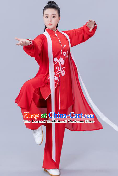 Chinese Woman Tai Ji Training Garments Martial Arts Printing Red Chiffon Outfits Tai Chi Performance Clothing