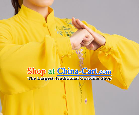 Chinese Kung Fu Tai Chi Performance Clothing Martial Arts Garments Tai Ji Competition Printing Wisteria Yellow Outfits