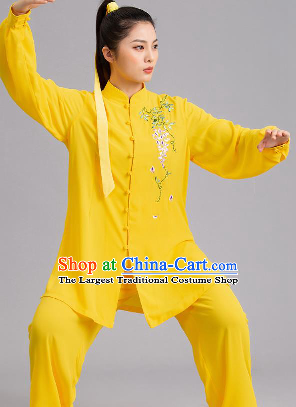 Chinese Kung Fu Tai Chi Performance Clothing Martial Arts Garments Tai Ji Competition Printing Wisteria Yellow Outfits