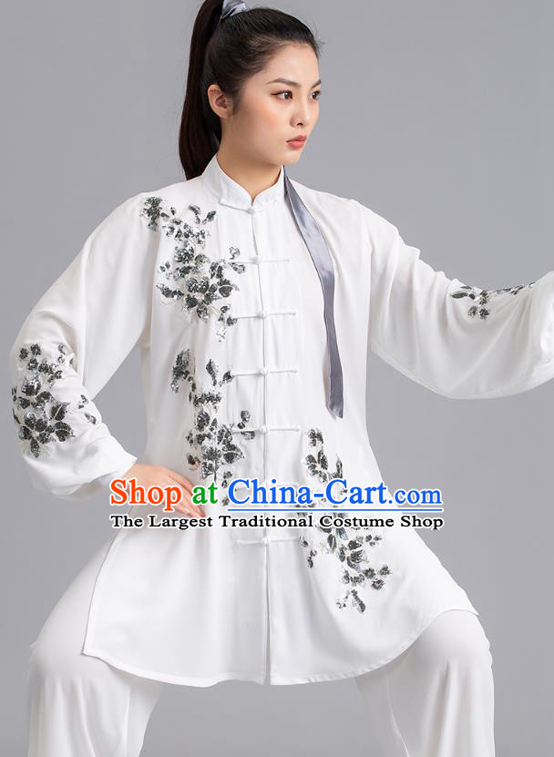 Chinese Tai Ji Competition Embroidered Sequins White Outfits Kung Fu Tai Chi Performance Clothing Martial Arts Garments