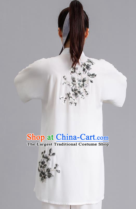 Chinese Tai Ji Competition Embroidered Sequins White Outfits Kung Fu Tai Chi Performance Clothing Martial Arts Garments