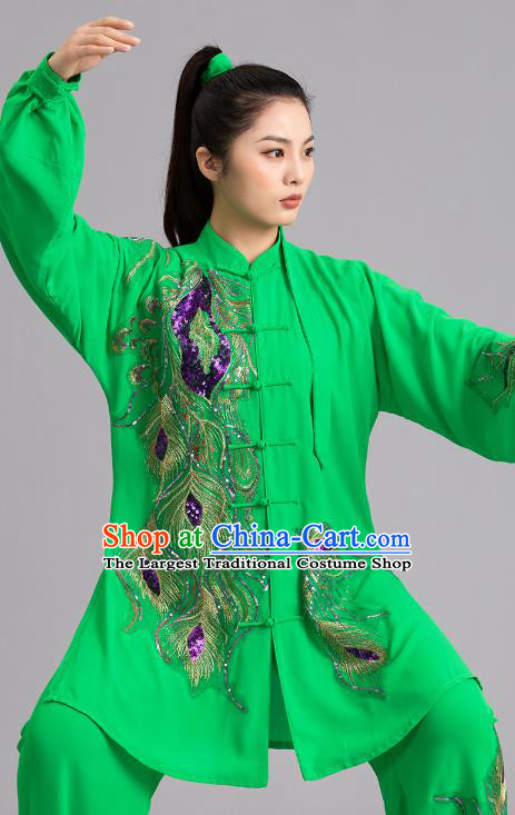 Chinese Martial Arts Garments Tai Ji Competition Embroidered Sequins Phoenix Green Outfits Kung Fu Tai Chi Performance Clothing