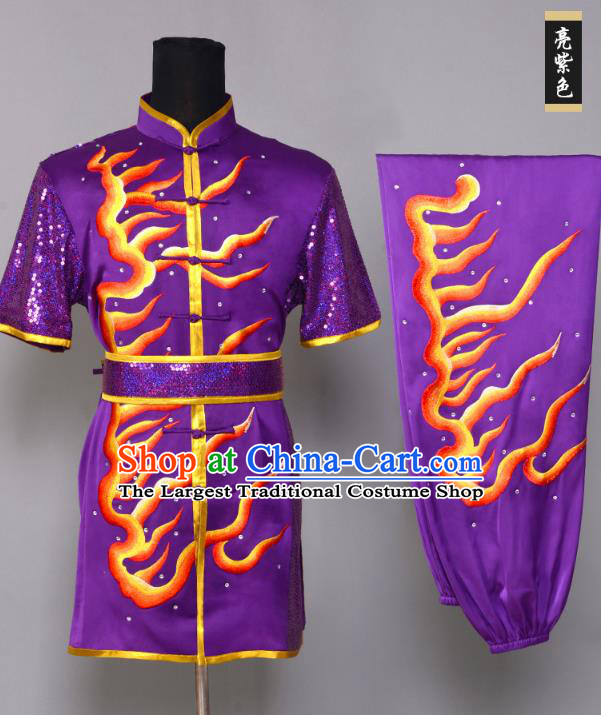 China Martial Arts Clothing Kung Fu Performance Apparels Cudgel Play Garment Costumes Southern Boxing Competition Purple Uniforms