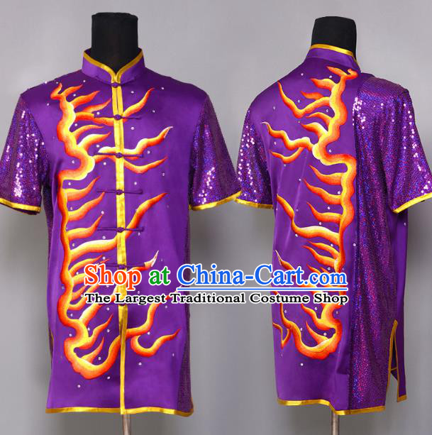 China Martial Arts Clothing Kung Fu Performance Apparels Cudgel Play Garment Costumes Southern Boxing Competition Purple Uniforms