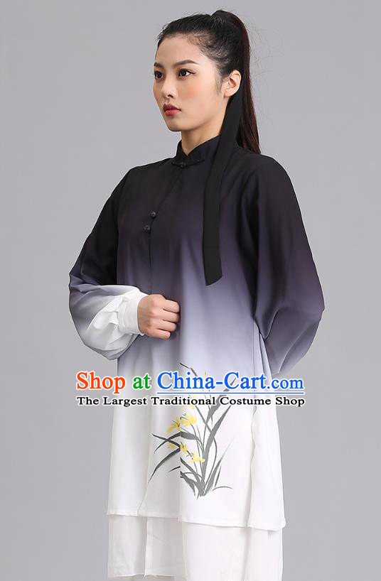 Chinese Tai Ji Competition Gradient Grey Outfits Kung Fu Tai Chi Performance Clothing Martial Arts Painting Orchids Garments