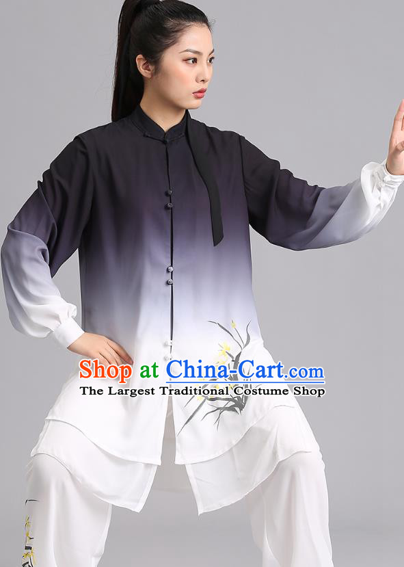 Chinese Tai Ji Competition Gradient Grey Outfits Kung Fu Tai Chi Performance Clothing Martial Arts Painting Orchids Garments