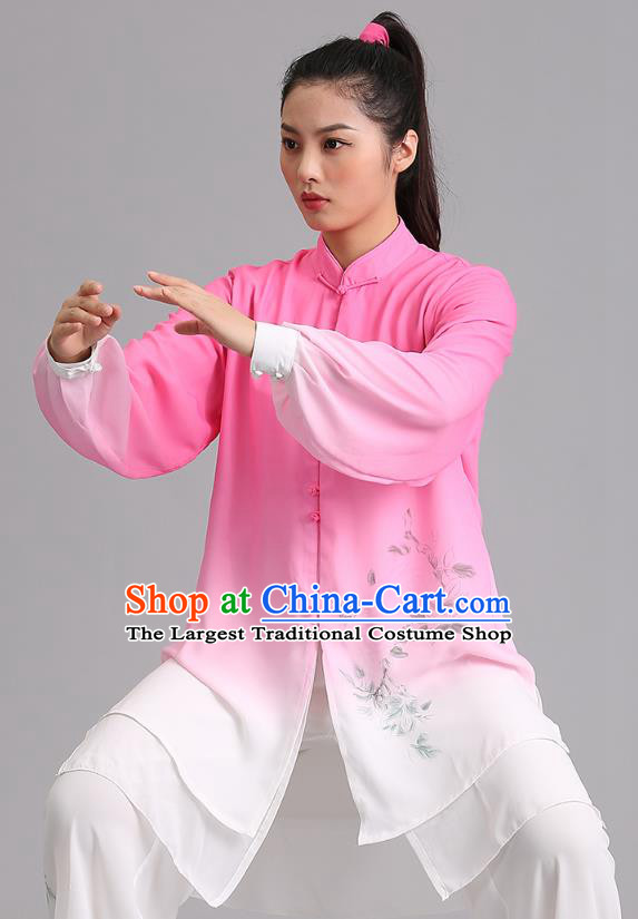 Chinese Martial Arts Painting Garments Tai Ji Competition Gradient Pink Outfits Kung Fu Tai Chi Performance Clothing