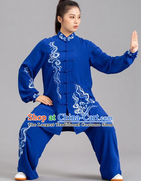 Chinese Martial Arts Kung Fu Competition Garments Tai Ji Embroidered Clouds Royalblue Outfits Tai Chi Performance Clothing