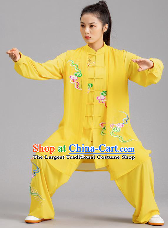 Chinese Tai Chi Performance Clothing Martial Arts Kung Fu Competition Garments Tai Ji Embroidered Clouds Yellow Outfits