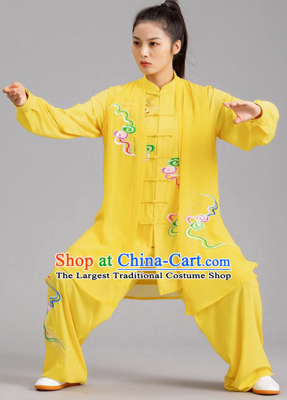 Chinese Tai Chi Performance Clothing Martial Arts Kung Fu Competition Garments Tai Ji Embroidered Clouds Yellow Outfits