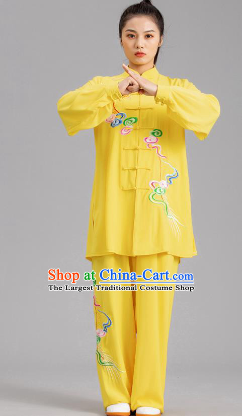 Chinese Tai Chi Performance Clothing Martial Arts Kung Fu Competition Garments Tai Ji Embroidered Clouds Yellow Outfits
