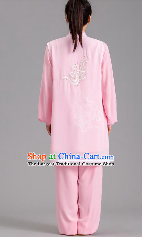 Chinese Tai Ji Embroidered Clouds Pink Outfits Tai Chi Performance Clothing Martial Arts Kung Fu Competition Garments