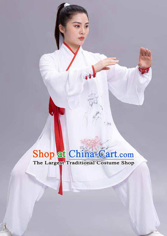 Chinese Tai Ji Chuan Ink Painting White Outfits Tai Chi Kung Fu Competition Clothing Martial Arts Performance Garments